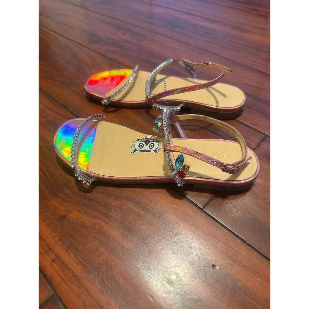 Christian Louboutin Kids Miniqueenie Pink Holographic Crystal Sandals Red Bottom